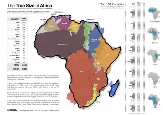 The True Africa map by Kai Krause shows the size of the continent in relation to European counties.