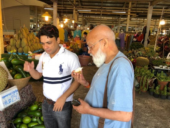 Chef Nishant and Professor Pushpesh Pant shopping for fresh produce in Delhi.