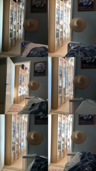 Collage of six photos of bed view through the doorway, taken at different times of day.