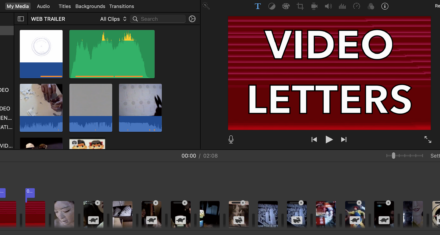 A screenshot of an imovie project with the title VIDEO LETTERS in capital letters on a red video static background. You can see small stills of the images in the trailer.